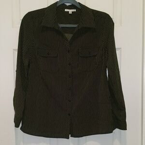 Notations Moss green and black striped shirt Sz PM